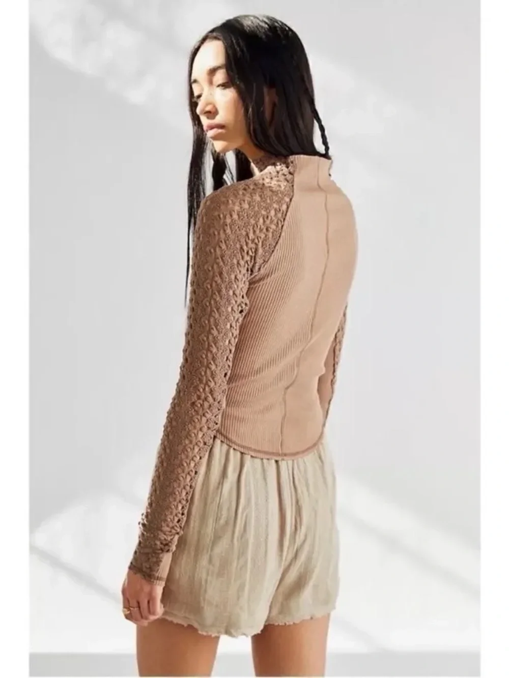 Free People Clemente Mock Neck Lace Sleeve Thermal Top Tan Beige Women Size XL